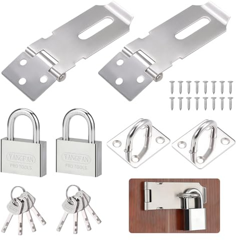 2 Stück Edelstahl Riegelschloss Haspe mit Vorhängeschloss & Schrauben | 3 Zoll Vorhängeschloss Haspe Kit, Nicht-Verformbares Türschloß für Holztür, Gartentor, Schuppen Schrank, Garagentor (Silber)