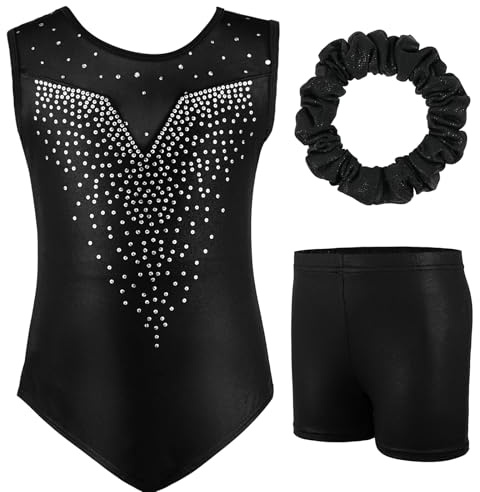 AOOWU Mädchen Dreiteilige Gymnastikanzüge, Gymnastikanzug Mädchen, Ärmelloser Gymnastikanzug mit Shorts und Haarband, Ballett Tanzender Leotard Gymnastik Outfit für Gymnastik, Wettkampf, Tanz（120）