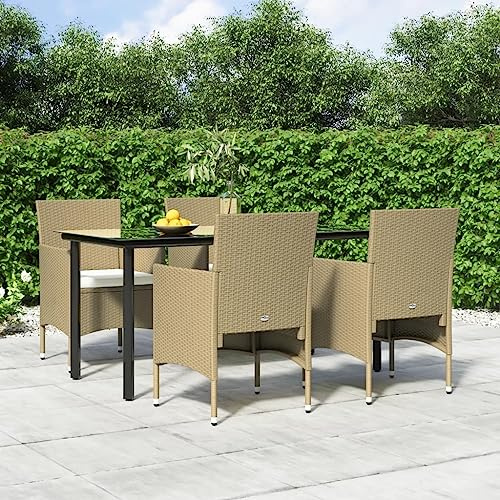 Teenpull 5-TLG. Garten-Essgruppe, Poly Rattan Beige & Schwarz, Outdoor Möbel Set mit Hartglas-Tisch, Stühlen, Kissen, wetterfest für Terrasse, Balkon, Essbereich