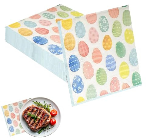 Ostern Servietten Set 80 Stück – Einweg Servietten aus 100% Holzstoff, mit bunten Ostereiern & Blumen, 25x25 cm, für Festtafeln, Partys, Kindergeburtstag & Ostern Dekoration
