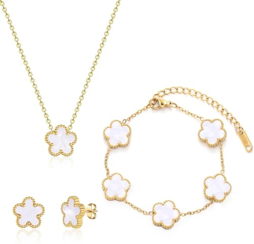 Bcenoilua Vierblättriges Kleeblatt Schmuckset für Damen und Mädchen 18 Karat Vergoldet Edelstahl Zweiseitig Vierblättriges Anhänger Halskette Ohrstecker Armband Schmuck Glücksklee Geschenke