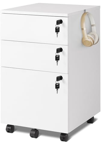 DEVAISE 3 Drawers Filing Cabinet, Lockable File Cabinet Wood Under Desk Drawers with Storage fits Letter/Legal/A4 Size for Home Office, Bright White