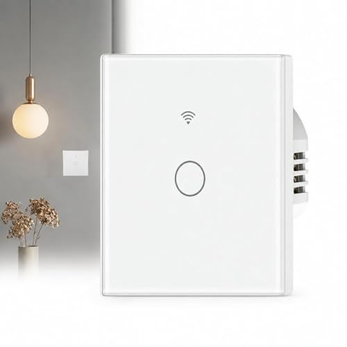 Touch Light Switch 1 Gang 1 Way White Glass Light Switch No Neutral Wire Required 86mm Touch Wall Switch with LED Backlight Modern Switch Light for Home and Office