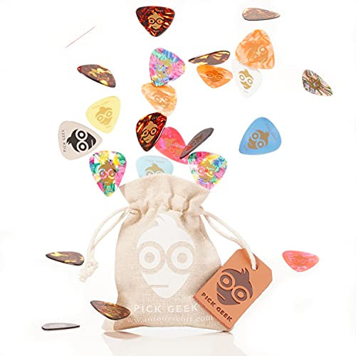 Geek Guitar Picks: 51 Premium Plectrums for Electric, Acoustic, or Bass Guitar - MEDIUM Thickness - Gifted in Unique Bag - Includes FREE Wedgie Holder