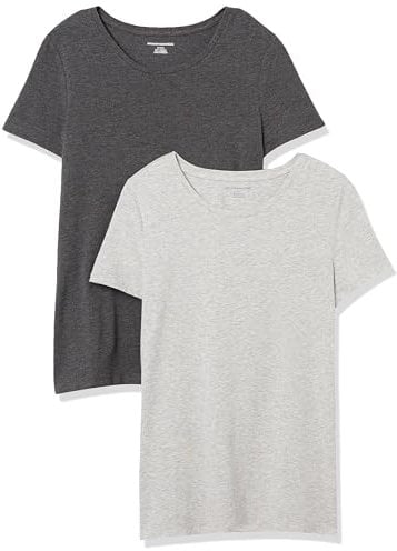 Amazon Essentials Women's Regular-Fit Short-Sleeve Crewneck T-Shirt, Pack of 2, Charcoal Heather/Light Grey Heather, M
