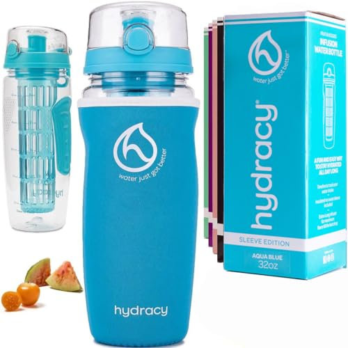 Hydracy Bouteille à Infusion de Fruits avec Etui Isotherme Anti-Condensation, Indicateur de Temps et Long Infuseur - Grande capacité 1L -Sans BPA -Votre Hydratation Santé avec du Goût! Bleu Turquoise