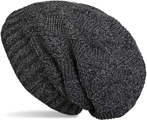 styleBREAKER Unisex Chenille Beanie Mütze mit Flecht Muster und Fleece Futter, Winter Slouch Longbeanie 04024159, Farbe:Dunkelgrau