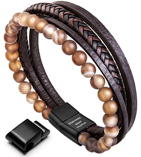 murtoo Bracelet Homme Cuir Bracelet en Pierre Naturelle Marron, 22