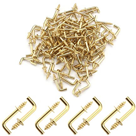 MroMax 100 ganci a vite in ottone, ganci da spalla da 1/2, ganci a vite a 7 forme, ganci per medaglie ad angolo retto, ganci a vite autofilettanti a forma di L, ganci a forma di L dorati, ganci