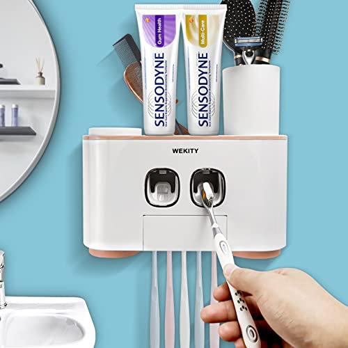 WEKITY Zahnbürstenhalter, Zahnbürstenhalter Wand und Zahnpastaspender Set für Kinder und Erwachsene, 2 Zahnpastaspender Automatisch mit 5 Zahnbürstenschlitze und 4 Tassen,Kein Bohren