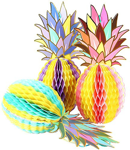 ANCLLO 3 Stück bunte Papier-Ananas-Waben-Hängedekoration für tropische Hawaiianische Partys, Gastgeschenke, Hochzeit, Heimdekoration,Tischdekoration