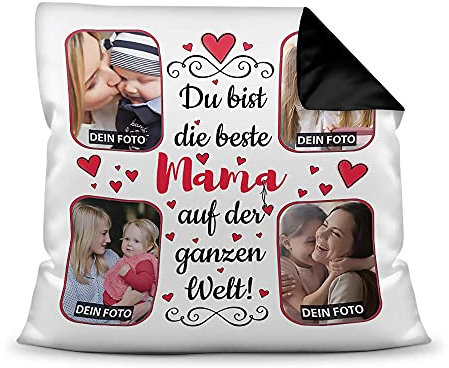 Kissen mit Füllung zum selbst Gestalten mit 4 Fotos - Für die Beste Mama - Hochwertige Kissenhülle mit Reißverschluss, Rückseite Schwarz, 40 x 40 cm