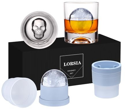 Vaso de whisky Rocks, juego de 4 (2 vasos de borbón de cristal, 2 moldes grandes de bolas de hielo) en caja de regalo, vasos antiguos de 10 onzas para cóctel escocés, licor de coñac y vodka, regalos
