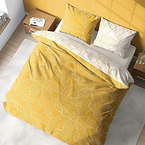 CÔTE DECO Bettwäsche mit Bettbezug 220 x 240 cm + 2 Kopfkissenbezüge 63 x 63 cm, Bettwäsche für Doppelbett, Palmen, Gelb, 100% Bio-Baumwolle