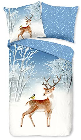 Good Morning Kinder Bettwäsche Bettbezug Flanell Day, Blau 135 X 200 cm + 1-80 X 80 cm Dessin: TiereWinter