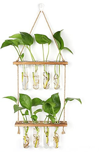 HYINDOOR Wandbehang Pflanzgefäß Terrarium 2 müde Reagenzglas Vase Glas Pflanzgefäß Pflanze Anzuchtstation Pflanzenaufhänger aus Seil mit Holzständer und 8 Röhren für Hydrokultur Pflanzenschneiden