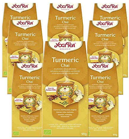 Yogi Tea - Kurkuma Chai, Ayurvedischer Bio Gewürzteevon Natur aus koffeinfrei, Mischung aus Kurkuma, Zimt und Ingwer, Yogi Tee loser Tee, 8er Pack à 90g (720g), Ideal als Geschenk