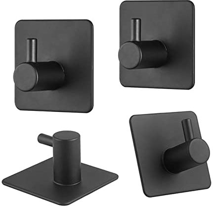 WANGCL Juego de 4 ganchos adhesivos para toallas, 3 m, de acero inoxidable, autoadhesivos, no perforaciones, a prueba de óxido, ideal para baño, inodoro, cocina, oficina, color negro