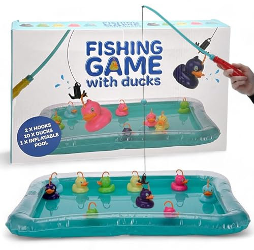 MIJOMA Juego de pesca XXL con diseño de patos, para exteriores, incluye 2 cañas de pescar, 10 patos resistentes y piscina hinchable de 55 x 45 cm, ideal para todas las edades