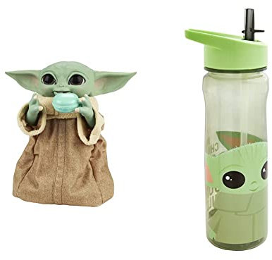 Star Wars Galactic Snackin’ Grogu 23.5-cm-Tall Animatronic Toy & Mandalorian Water Bottle with Straw – Reusable Kids 600ml PP in Grey & Green – For School Nursery Sports Picnic