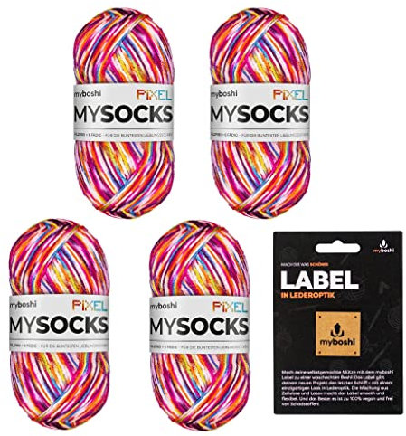 myboshi mysocks Pixel, 6-fädige Sockenwolle, strapazierfähig, Garn, inkl. original myboshi Label in Lederoptik aus Schurwolle, filzfrei, 150g, Ll 390m Rot (Nova), 4 Knäuel
