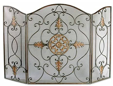Salvachispas Chimenea Pantalla Arqueada para Chimenea, Cubierta de Protección Contra Chispas de Acabado Rústico Primera Calidad con Decoración Floral Dorada, Plegable 3 Paneles el Hogar/ Fuego Abierto