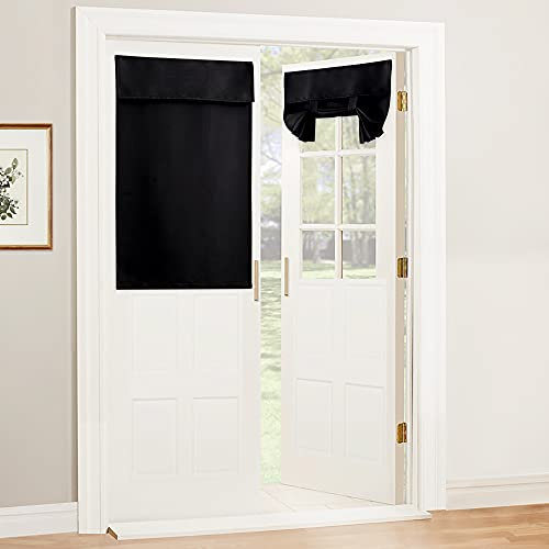 PONY DANCE Thermal Insulated Door Curtains Patio Door Privacy Blinds Blackout Tie Up Shades Sticker Room Darkening Curtain for French Door Window, 26x40-Inch, Black, 1 PC