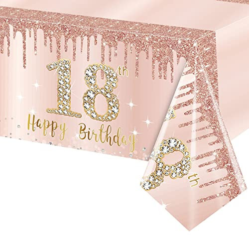 POPOYU Tischdecke 18. Geburtstag Roségold,137x274 cm Tischdecke 18 Geburtstag Frau Rosa,Deko 18. Geburtstag.Frauen, Einweg Tischdecken Geburtstagfür Frauen 18 GeburtstagParty Partyzubehör
