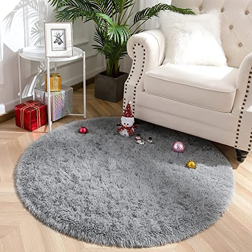 VOFUSHON Schlafzimmer Shaggy Plüsch runden Teppich Bunte Batik Faux Flauschiger Samt Moderne Innenteppiche Lange Haare Fell Optik Gemütliches Bettvorleger Sofa Matte Carpet(grau,100 x 100 cm)