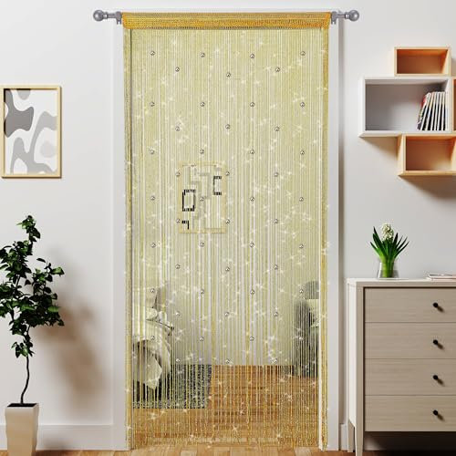 Atsweetlife Beaded Curtain Door String Curtains,Doorway Beads Curtains Hanging Room Divider Beaded Decor Hippie Glitter Fringe Panel Closet Window Doors Sequin Boho Doors Tassel (Gold)