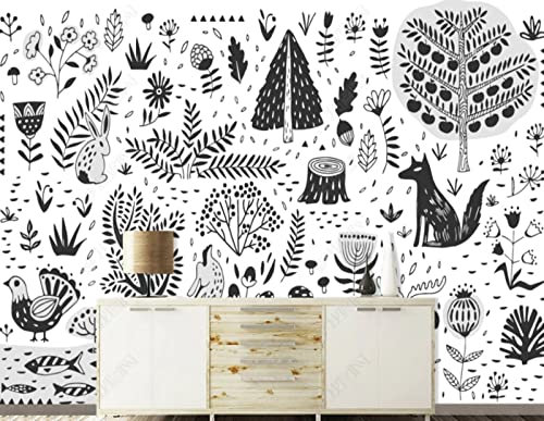 Fototapete 3D Effekt 3D Tapete Schwarz-Weiß-Doodle-Tier-Kinderzimmer Wanddekoration Jungen Mädchen Wandbild Tapete personifizieren