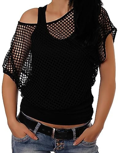 ELFIN Damen Netzshirt Netztop Netzhemd 80er Jahre Outfits Karneval Fasching Motto Party Tops Netzoberteil Sommertops, Schwarz, XXL