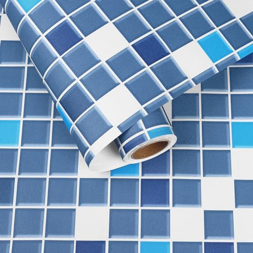 HotDecor Self Adhesive Blue Mosaic Wallpaper Washable Kitchen Wallpaper Peel and Stick Sticky Back Plastic Roll Blue Tiles for Walls Bathroom Waterproof Wallpaper Stick on Tiles Kitchen 60cm X 300cm