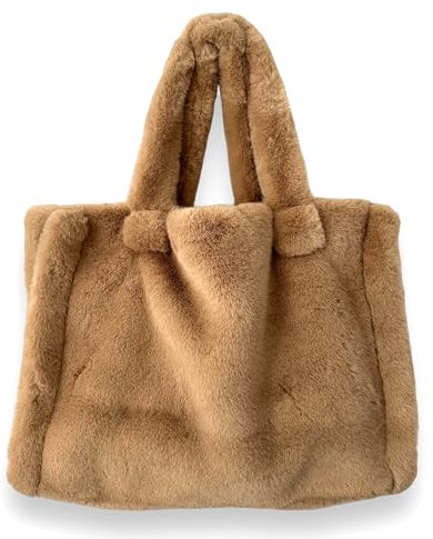Ziona Felltasche Damen Plüsch Shopper groß XXL Teddyfell Tasche Handtasche Schultertasche flauschige Tragetasche (Braun)