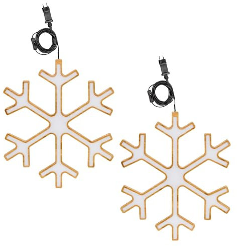 Novaliv LED Schneeflocke Lampe 2er Set - 45cm Ø Naturholz Hängelampen Wohnzimmer LED Warmweiß Flocke beleuchtet innen - Innendeko Fensterdeko für Weihnachtszeit Nachttischlampen