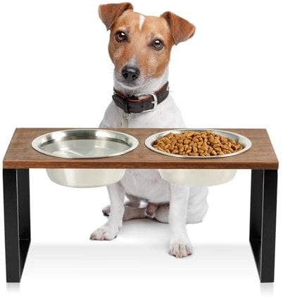 GUUSII HOME Hundenapf Erhöht Futternapf Hunde Erhöhter Fressnapf Hund Edelstahl Napfset 900ml Futterstation Ständer Holz 42.5 * 20 * 20.5cm Einfache Montage (M, Braun)