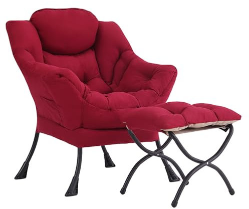 YOTATING Bequemer Sessel mit Fußhocker, Lazy Chair mit Ottomane, Freizeit-Akzentstuhl, Relax-Lounge-Sessel mit Armlehnen & Seitentasche für Wohnzimmer, Schlafzimmer & kleine Räume, Burgund