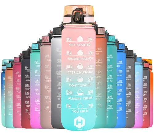 HOMEEX Trinkflasche 1L- BPA Frei Trinkflasche Mit Strohhalm und Zeitmarkierungen- Wasserflasche für Fahrrad, Outdoor, Schule, Laufen und Gym- Trinkflasche Kohlensäure Geeignet (Blau und Rosa)