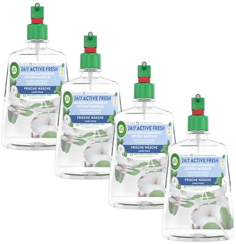 Air Wick Active Fresh – Aeorosolfreier, automatischer Lufterfrischer – Raumduft Frische Wäsche – 4 x 228 ml Nachfüller