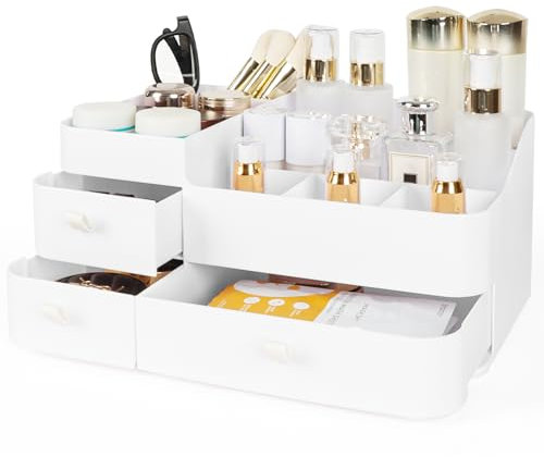 AumVum Large Makeup Organiser with Drawers, Skincare and Cosmetics Storage Box, Dressing Table Organiser for Lotions, Lipsticks, Eyeshadows, Vanity Desk Storage, Bathroom and Home Organiser, White