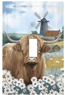 Algranben Rustikale Farmhouse Highland Cow Lichtschalter-Abdeckung, 1-Gang, Einzel-Kippschalter, dekorative Wandplatten, Gänseblümchen, Steckdosen, Frontplatte für Badezimmer und Küche