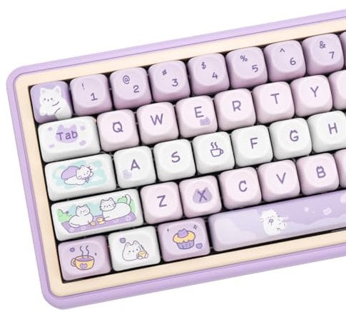 COOMICKEY PBT Keycaps, MOA Profile Keycaps 132 Keys Dye Sublimation Purple Cute Cat Customized Keycap Set for ANSI Layout Cherry MX Switches Mechanical Keyboards