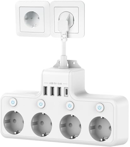 Steckdosenleiste mit USB, 4 Unabhängige Schaltdosen Mehrfachsteckdose mit USB C (PD 20W) und 3 USB-A 4fach Steckdosenleiste Weiß Kindersichere Steckdosenleiste für das Heim (Weiß)