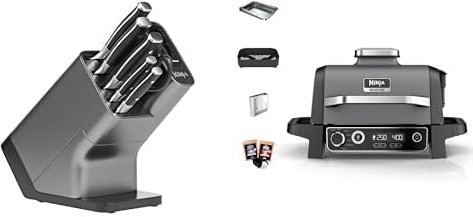 Bloc-couteaux Ninja Foodi StaySharp avec Affûteur, 6 Pièces Aiguisés, en Acier Inoxydable, K32006EU + Ninja Woodfire barbecue électrique, grill, fumoir & air fryer, 7 en 1, OG701EU