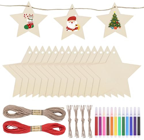 Zocipro 40 Stück Holzsterne zum Basteln, Stern Anhänger Holz zum Aufhängen und Bemalen, Weihnachtssterne Holz,Weihnachtskugeln Bemalen kinder für Christbaumschmuck, mit 12 Farbige Stifte und Hanfseil