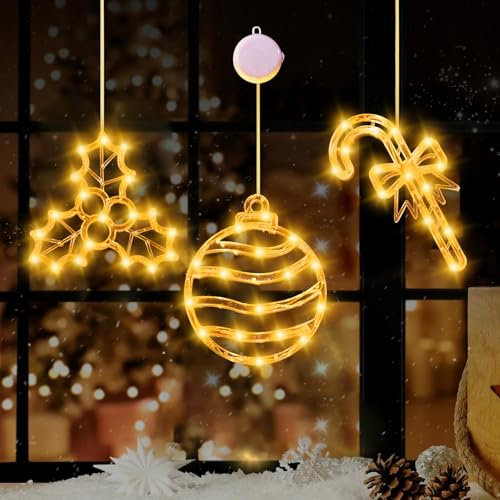 HUIKUANGEU Lampada a Ventosa per Natale,3 Pezzi Luci di Natale a LED Luce a Sospensione,Luci Sospese con Ventosa,Luci Natale per Finestra LED,Luce per Finestra Sospesa di Natale Luci Decorative della