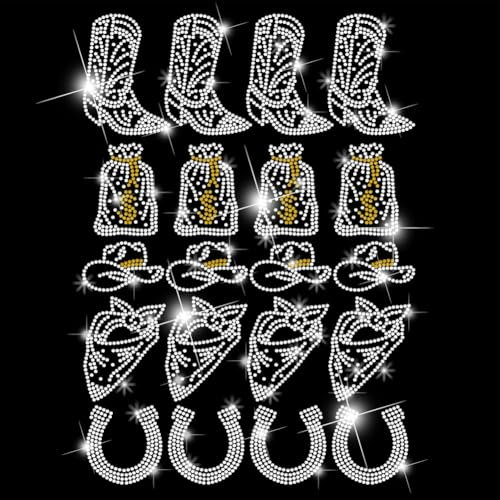 SUPERDANT 20pcs Cowboy Elements Iron on Rhinestones Transfer Cowboy Boots Crystal Heat Transfer Stickers Western Iron on Decals Rhinestone Patches for T-Shirt Clothing Tote Bag DIY Art Craft Gifts