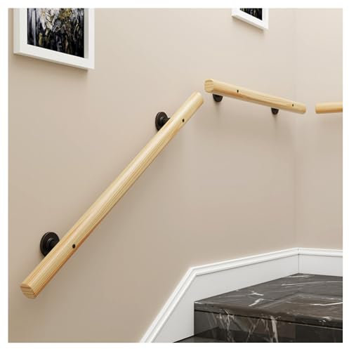 Wooden Handrail for Stairs – Anti-Slip Wall Mounted Safety Stair Railing with Brackets, Adjustable Indoor/Outdoor Banister Rail for Elderly & Children (Wood, 80CM)