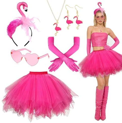 Moizkna Flamingo Kostüm Damen – Pinkes Flamingo Kostüm, faschingskostüme damen flamingo für Erwachsene mit Tüllrock & Flamingo-Accessoires | Fasching, Mottoparty, Karneval, Hawaii Party