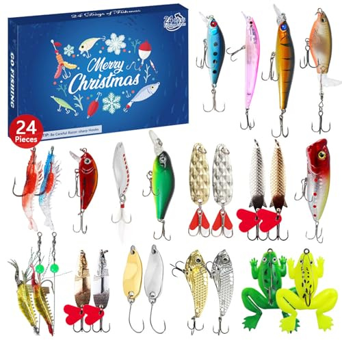 Adventskalender – 24 Tage Kalender Rückwärtszählung mit Ködern für Freund, realistische Weihnachts-Köder für Kajak, Lachs, See, Wels, für Barforelle, Wels, Lachs, Crappie